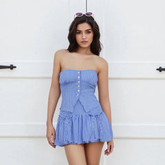 Striped Strapless Crop Top and Tiered Mini Skirt Set