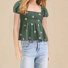 Puff Sleeve Flower Embroidered Smocked Square Neck Babydoll Top