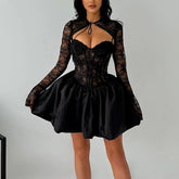 Black Lace Removable Sleeve Puff Mini Dress