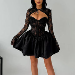 Black Lace Removable Sleeve Puff Mini Dress