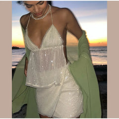 Sheer Strap Sequin Top Lace Up Mini Skirt Set