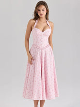 Pink Floral Print Braided A-line Midi Dress