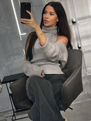 Grey Knit Turtle Neck Removable Sleeve Tank Top