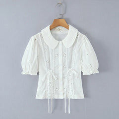 White Embroidery Lace Peter Pan Collar Short Sleeve Top