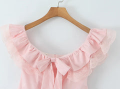 Pink Lace Ruffle Bow Off-shoulder Mini Dress