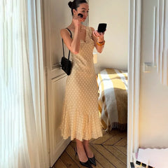 Beige Polka Dot Ruffle Midi Dress