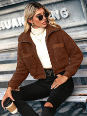 Drop Shoulder Solid Crop Teddy Jacket