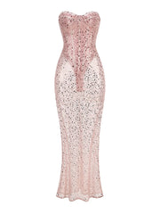 Pink Sequin Bodycon Mesh Maxi Dress