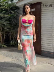 Floral Printed Mesh Bralette Maxi Dress