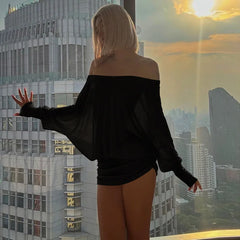 Sheer Off-shoulder along Sleeve Puff Mini Dress