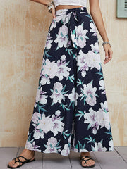 Floral Print Elastic Waist Belted Pants