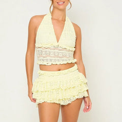 Lace Tie-Up Halter Neck Top & Elastic Waist Mini Skort Set - Sweet Style