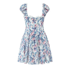 Blue Printed Short Sleeve Bustier Mini Dress