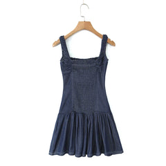 Blue Button Square Neck Sleeveless Mini Dress - A-Line Fit
