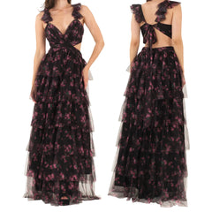 Floral Tiered Ruffles Maxi Dress - V-Neck A-Line
