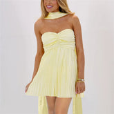 Chic Strapless Pleated Mini Dress - With Detachable Neck Scarf