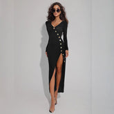 Side Slit Long Sleeve Buttons Knitwear Midi Dress