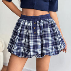 Blue Plaid Elastic High Waist Mini Skirt - A-Line Fit