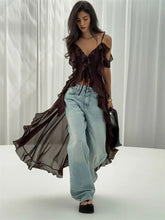 Ruffled Fringe Strap V-Neck Long Top