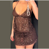 Sheer Strap Sequin Top Lace Up Mini Skirt Set