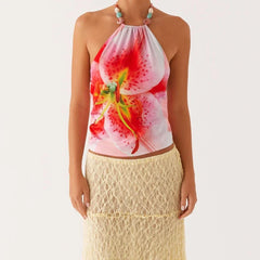 Floral Printed Halter Backless Tie Up Top