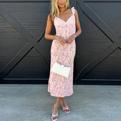 Pink Tulip Print Lace Strap Midi Dress