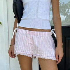 Pink Striped Lace Trim Shorts