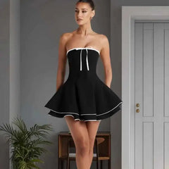 Black Tube Flare Bow Mini Dress