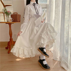 Ruffles Lace Trim Bow Maxi Skirt - Preppy A-Line