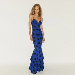 Spaghetti Straps Print Polka Dot Maxi Dress