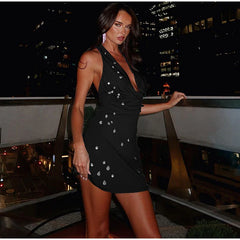 Cowl Neck Halter Water Drop Bead Mini Dress