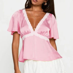 Lace Trim Flare Sleeve Top - High Street Chic