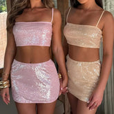 Sequin Spaghetti Straps Crop Tops and Mini Skirt Set