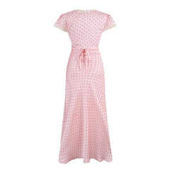 Pink Dotted Print Lace Trim Maxi Dress