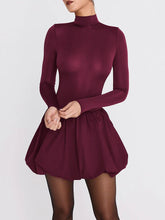 Burgundy Turtleneck Long Sleeve Puff Skirt Mini Dress