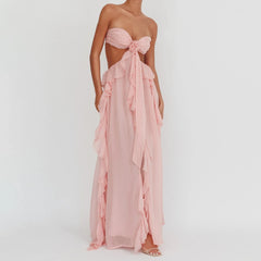 Ruffles Strapless Cut Out Tube Maxi Dress