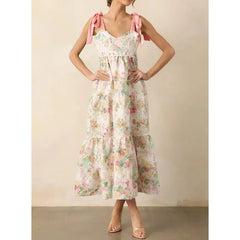 Wide Shoulder Straps Floral Print Long Dress