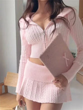Pink Cable Knit Zipper Crop Top And Mini Skirt Set
