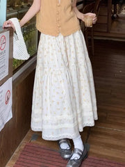 White Floral Midi Skirt - Casual A-Line