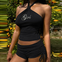 Halter Rhinestone Top & Drawstring Shorts Co-Ord Set - Streetwear Slim Fit