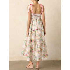 Wide Shoulder Straps Floral Print Long Dress