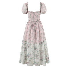 Two Tone Floral Print Puff Sleeve Midi Dress