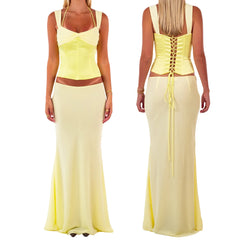 Floral Lace-up Corset Top & Mermaid Skirt Set - High Street Style