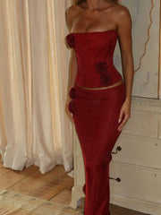 Red Flower 3d Tube Top And Maxi Skirt Two Piece Set