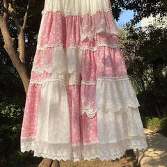 Pink Floral Lace Maxi Skirt - Y2K Loose Fit