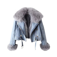Faux Fur Collar Lining Denim Jacket