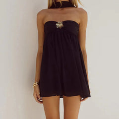 Ruffles Babydoll Strapless Metal Flower Mini Dress