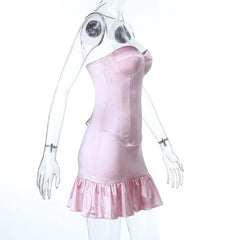Pink Satin Bustier Frill Mini Dress