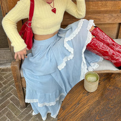 Asymmetrical Blue Lace Patchwork Midi Skirt