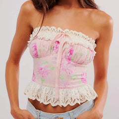 Printed Lace Trim Bow Tube atop